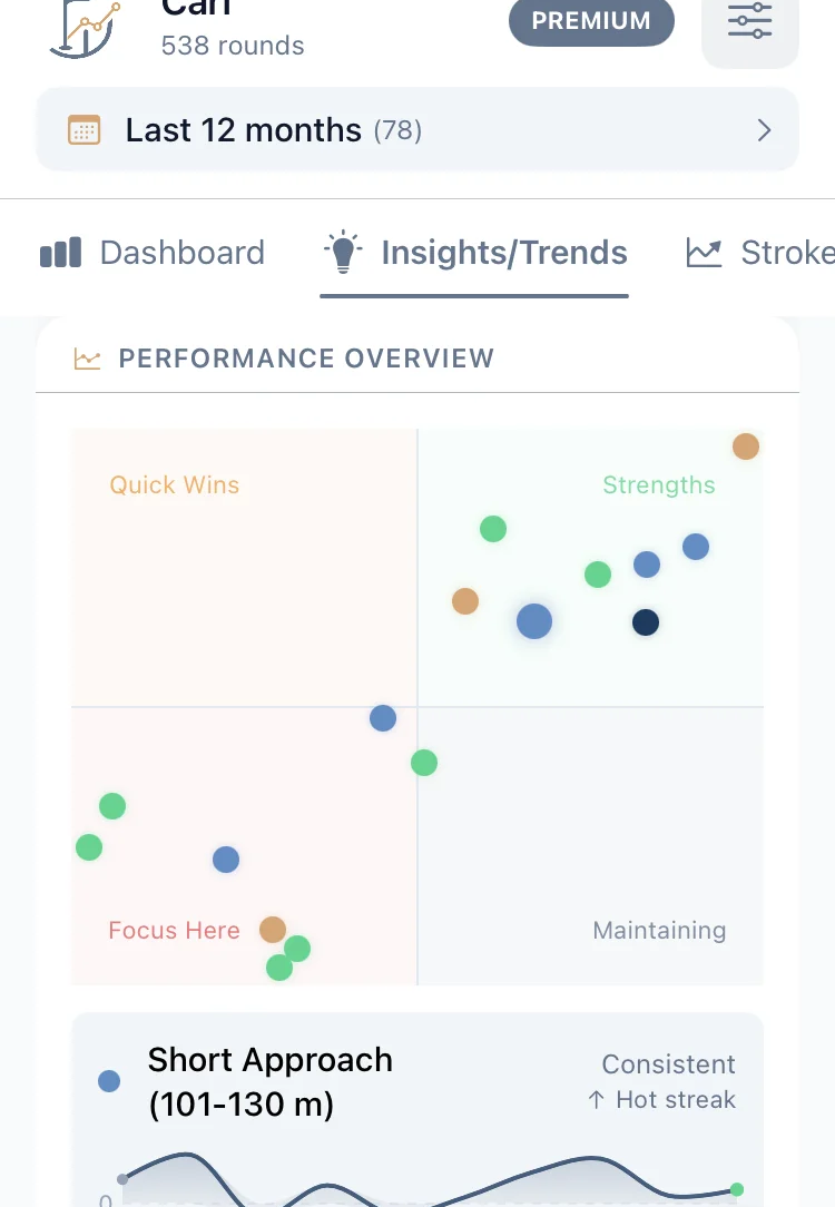 Golf analytics insights dashboard showing off-the-tee performance statistics and driving accuracy data